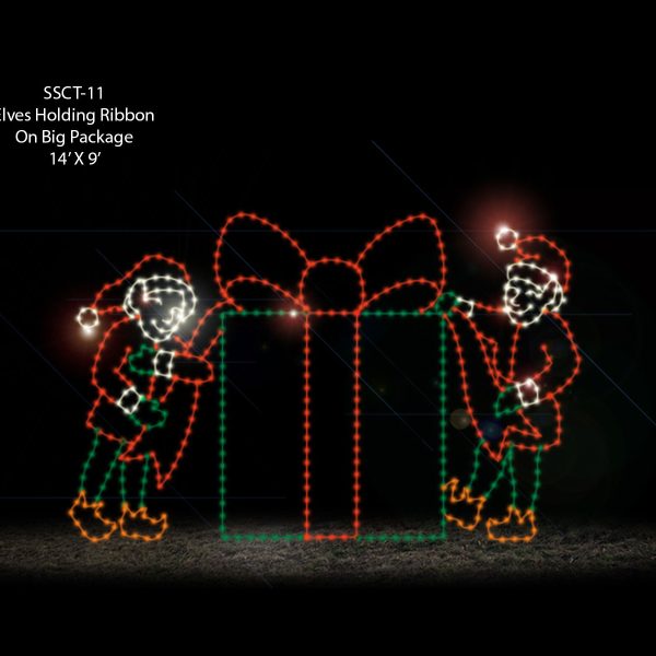 ELVES HOLDING RIBBON ON BIG PACKAGE