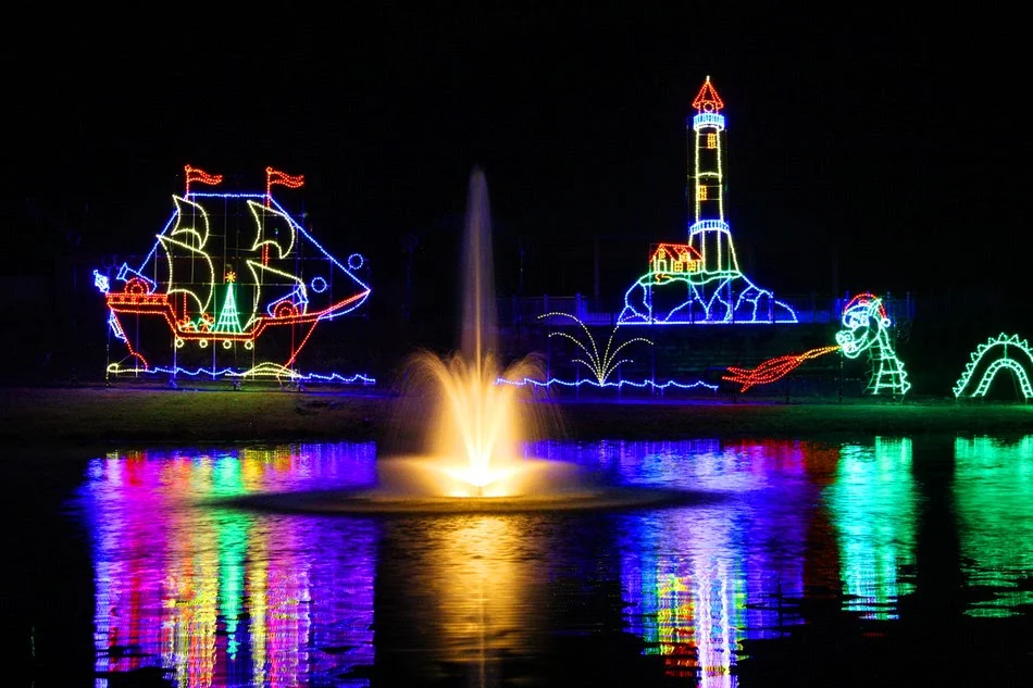 light displays reflecting off lake